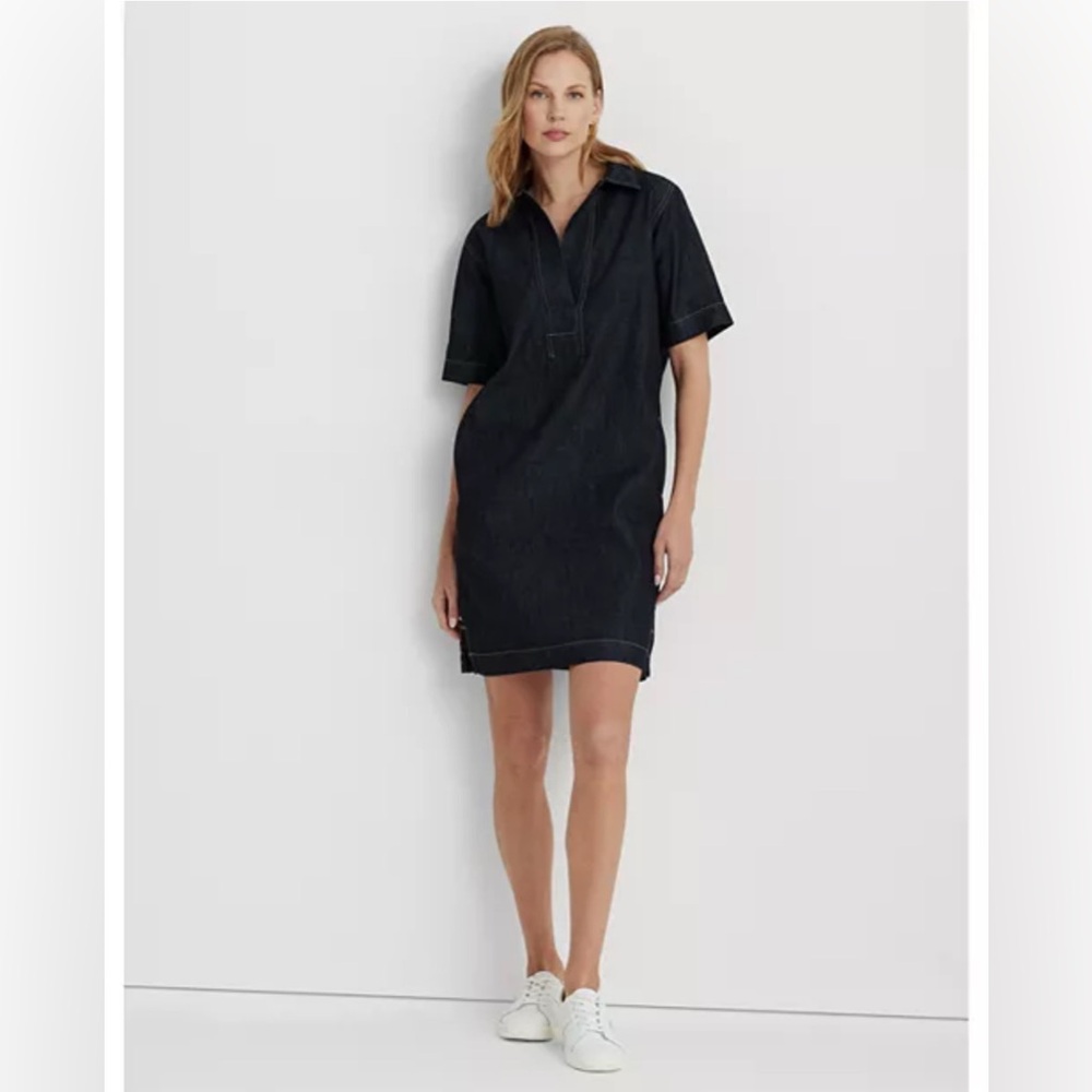 Lauren Ralph Lauren Demin Cotton Shift Shirt Dress with Pockets Dark Wash_Small